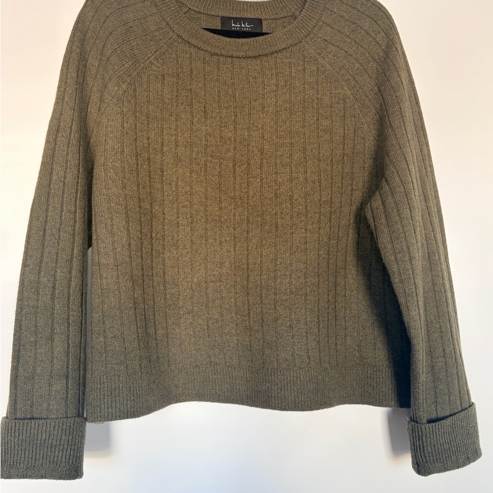 Nicole Miller 100% Extra Fine Merino Wool Olive Ribbed Sweater